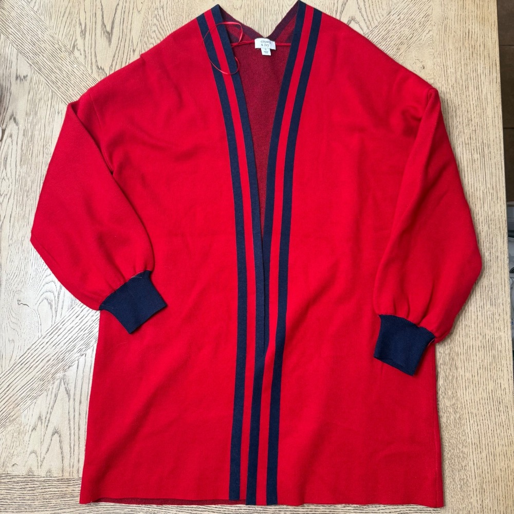 Crown & Ivy Size Small Red Blue Striped Long Sleeve Long Cardigan Sweater Duster